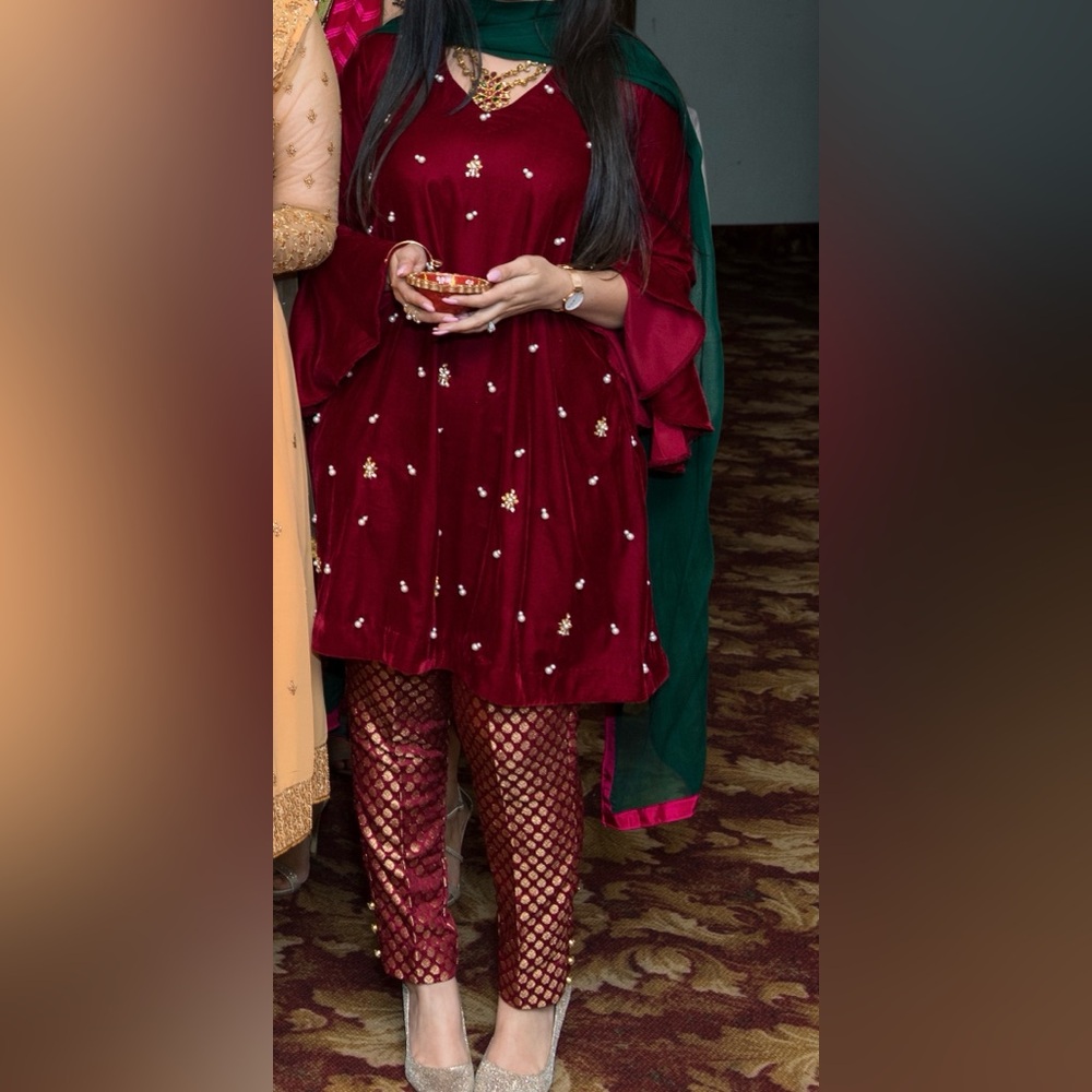 Indian Maroon Velvet Shalwar Kameez with pearl detailing, size S